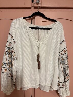 Zara Cream Embroidered Boho Tunic with Tassels